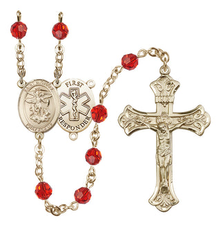14 Karat Gold 6mm Austrian Crystal Saint Michael/1St Responder Rosary in Ruby