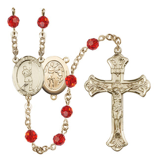 14 Karat Gold 6mm Austrian Crystal Saint Sebastian/Lacrosse Rosary in Ruby
