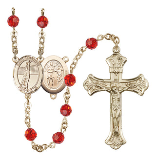 14 Karat Gold 6mm Austrian Crystal Saint Sebastian / Volleyball Rosary in Ruby