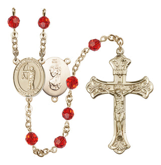 14 Karat Gold 6mm Austrian Crystal Saint Christopher/Archery Rosary in Ruby