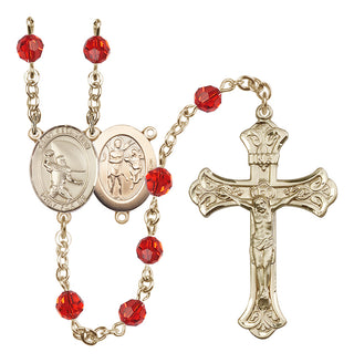 14 Karat Gold 6mm Austrian Crystal Saint Sebastian / Football Rosary in Ruby