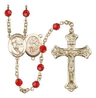 14 Karat Gold 6mm Austrian Crystal Saint Sebastian / Hockey Rosary in Ruby