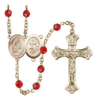 14 Karat Gold 6mm Austrian Crystal Saint Sebastian /Track&Field-Men Rosary in Ruby
