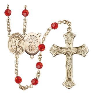 14 Karat Gold 6mm Austrian Crystal Saint Sebastian/Soccer-Women Rosary in Ruby
