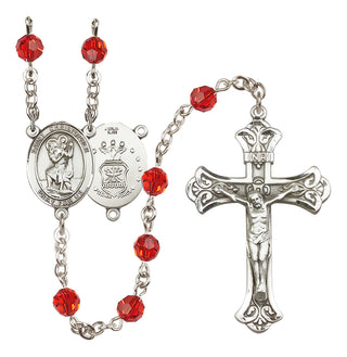 Sterling Silver 6mm Austrian Crystal Saint Christopher / Air Force Rosary in Ruby