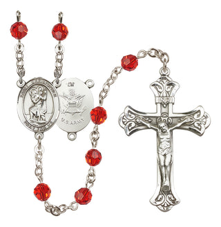 Sterling Silver 6mm Austrian Crystal Saint Christopher / Army Rosary in Ruby