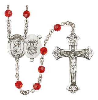 Sterling Silver 6mm Austrian Crystal Saint Christopher / Navy Rosary in Ruby