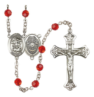 Sterling Silver 6mm Austrian Crystal Saint Michael the Archangel/Policeman Rosary in Ruby