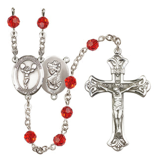 Sterling Silver 6mm Austrian Crystal Saint Christopher/Cheerleading Rosary in Ruby