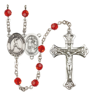Sterling Silver 6mm Austrian Crystal Saint Sebastian/Baseball Rosary in Ruby