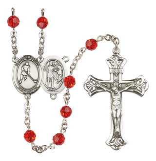 Sterling Silver 6mm Austrian Crystal Saint Sebastian/Ice Hockey Rosary in Ruby