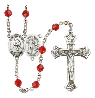 Sterling Silver 6mm Austrian Crystal Saint Sebastian/Wrestling Rosary in Ruby