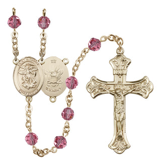 14 Karat Gold-Filled 6mm Austrian Crystal Saint Michael / Navy Rosary in Rose