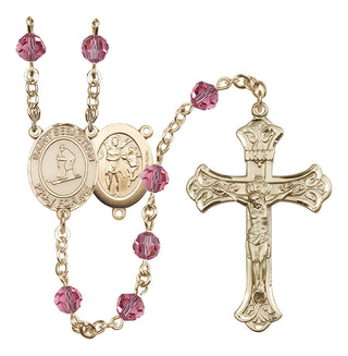 14 Karat Gold-Filled 6mm Austrian Crystal Saint Sebastian/Skiing Rosary in Rose