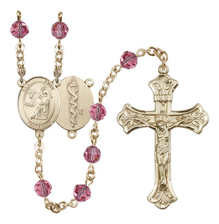14 Karat Gold 6mm Austrian Crystal Saint Luke the Apostle / Doctor Rosary in Rose