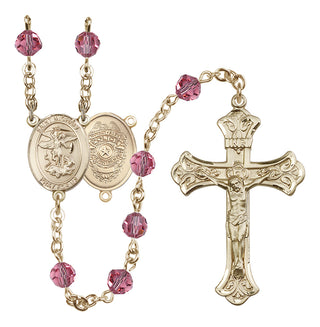 14 Karat Gold 6mm Austrian Crystal Saint Michael the Archangel/Policeman Rosary in Rose