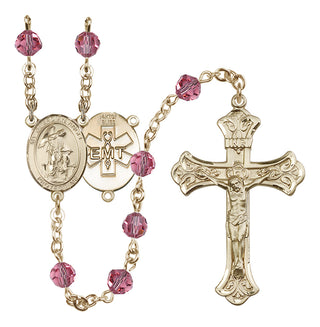 14 Karat Gold 6mm Austrian Crystal Guardian Angel / EMT Rosary in Rose