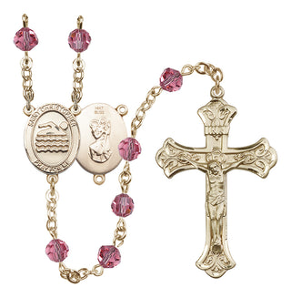 14 Karat Gold 6mm Austrian Crystal Saint Christopher/Swimming Rosary in Rose