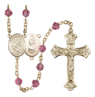 14 Karat Gold 6mm Austrian Crystal Saint Christopher/Surfing Rosary in Rose