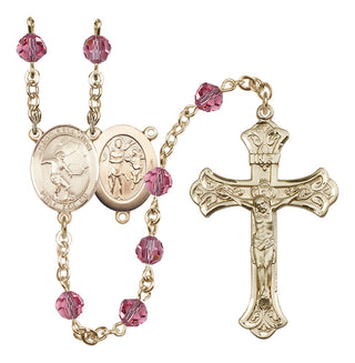 14 Karat Gold 6mm Austrian Crystal Saint Sebastian / Soccer Rosary in Rose
