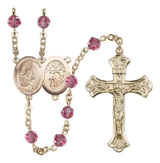14 Karat Gold 6mm Austrian Crystal Saint Sebastian /Track&Field-Men Rosary in Rose