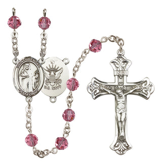 Sterling Silver 6mm Austrian Crystal Saint Brendan the Navigator/Navy Rosary in Rose
