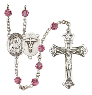 Sterling Silver 6mm Austrian Crystal Saint Camillus of Lellis / Nurse Rosary in Rose