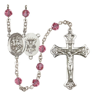 Sterling Silver 6mm Austrian Crystal Saint George / Navy Rosary in Rose
