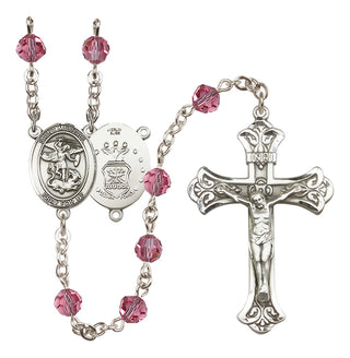 Sterling Silver 6mm Austrian Crystal Saint Michael / Air Force Rosary in Rose