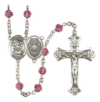 Sterling Silver 6mm Austrian Crystal Saint Michael the Archangel/Policeman Rosary in Rose