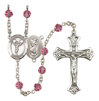 Sterling Silver 6mm Austrian Crystal Saint Christopher/Cheerleading Rosary in Rose