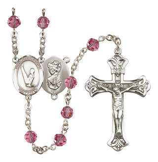 Sterling Silver 6mm Austrian Crystal Saint Christopher/Gymnastics Rosary in Rose