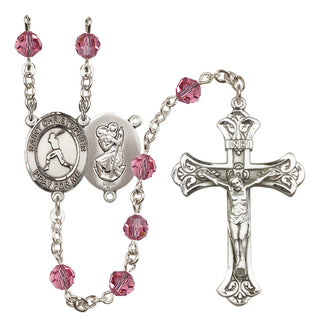 Sterling Silver 6mm Austrian Crystal Saint Christopher/Baseball Rosary in Rose