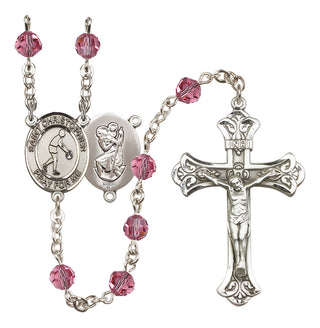 Sterling Silver 6mm Austrian Crystal Saint Christopher/Basketball Rosary in Rose