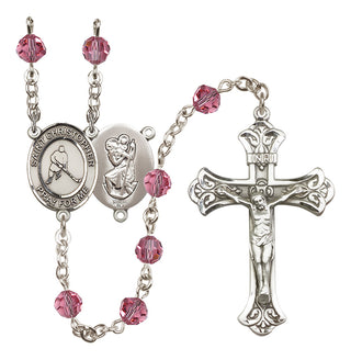 Sterling Silver 6mm Austrian Crystal Saint Christopher/Ice Hockey Rosary in Rose