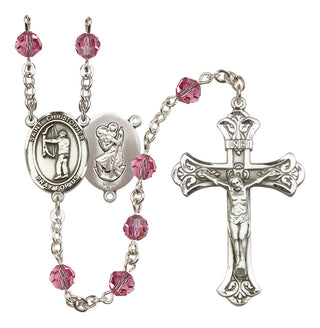 Sterling Silver 6mm Austrian Crystal Saint Christopher/Archery Rosary in Rose