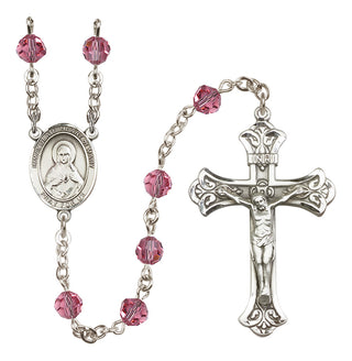 Sterling Silver 6mm Austrian Crystal Immaculate Heart of Mary Rosary in Rose