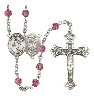 Sterling Silver 6mm Austrian Crystal Saint Christopher/Track&Field-Women Rosary in Rose