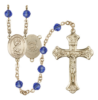 14 Karat Gold-Filled 6mm Austrian Crystal Saint Christopher / Coast Guard Rosary in Sapphire