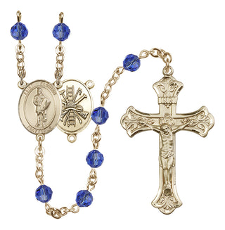 14 Karat Gold-Filled 6mm Austrian Crystal Saint Florian/Firefighter Rosary in Sapphire