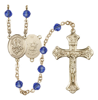 14 Karat Gold-Filled 6mm Austrian Crystal Saint George / Navy Rosary in Sapphire