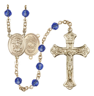 14 Karat Gold-Filled 6mm Austrian Crystal Saint Michael the Archangel/Policeman Rosary in Sapphire