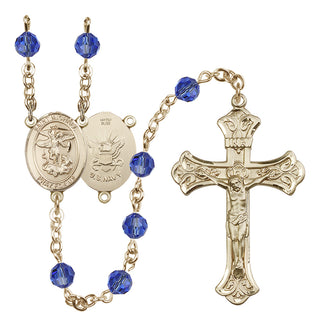14 Karat Gold-Filled 6mm Austrian Crystal Saint Michael / Navy Rosary in Sapphire