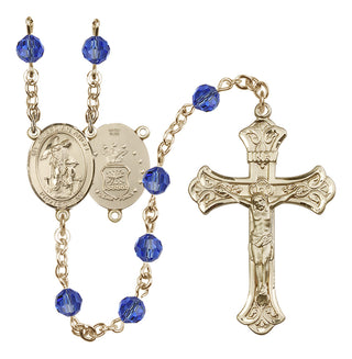 14 Karat Gold-Filled 6mm Austrian Crystal Guardian Angel / Air Force Rosary in Sapphire