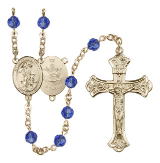 14 Karat Gold-Filled 6mm Austrian Crystal Guardian Angel / Army Rosary in Sapphire