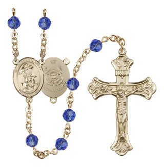 14 Karat Gold-Filled 6mm Austrian Crystal Guardian Angel/Coast Guard Rosary in Sapphire