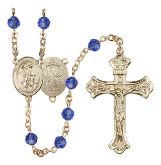 14 Karat Gold-Filled 6mm Austrian Crystal Guardian Angel / Nat'l Guard Rosary in Sapphire