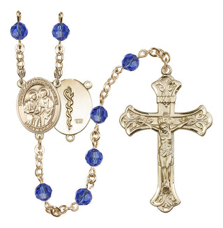 14 Karat Gold-Filled 6mm Austrian Crystal Saints Cosmas & Damian / Doctors Rosary in Sapphire
