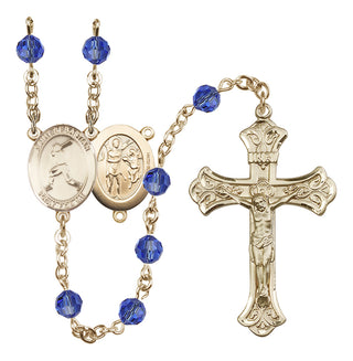 14 Karat Gold-Filled 6mm Austrian Crystal Saint Sebastian/Baseball Rosary in Sapphire