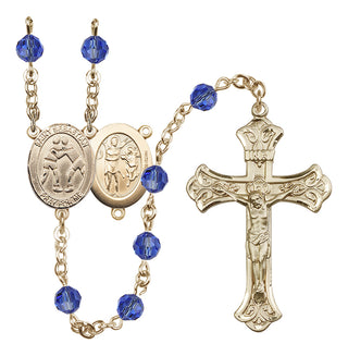 14 Karat Gold-Filled 6mm Austrian Crystal Saint Sebastian/Wrestling Rosary in Sapphire
